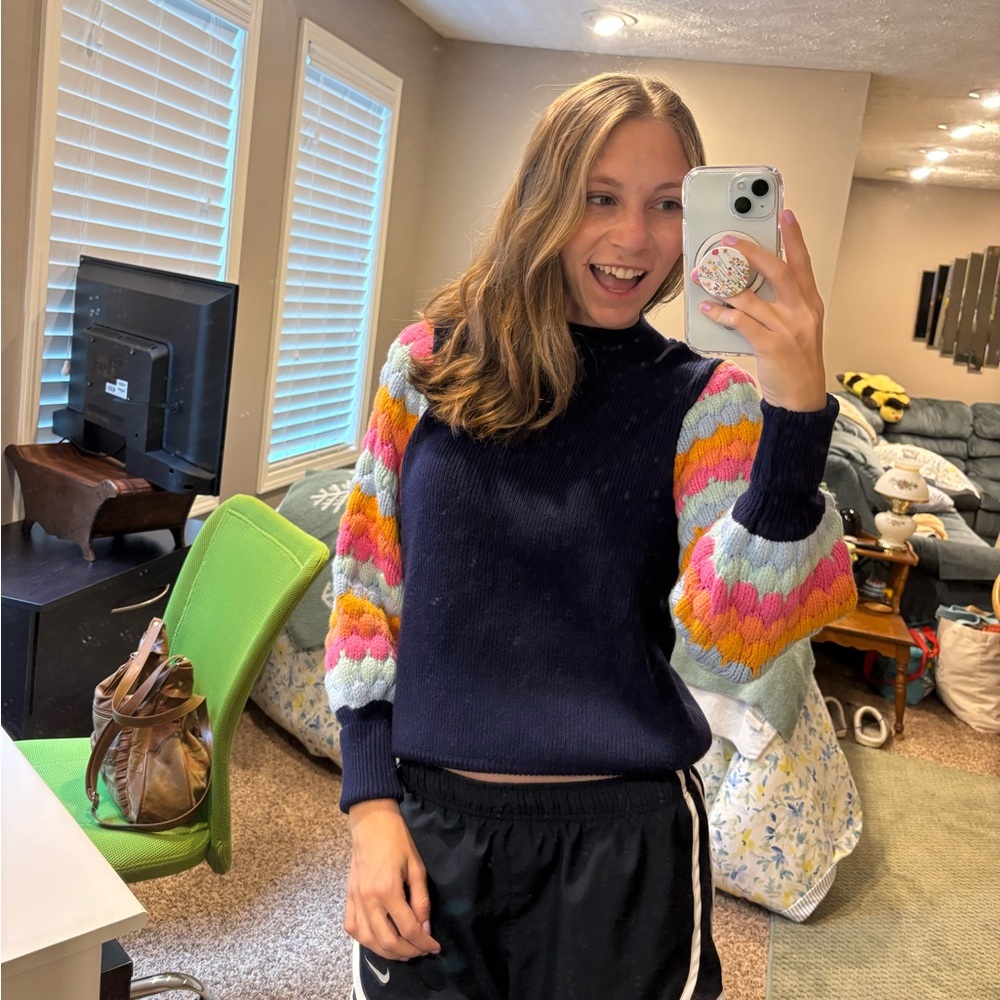 NWT THML Navy Sweater with Scalloped Sleeves - Picture 3 of 3